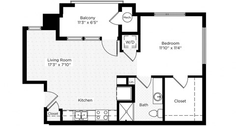Floor plan for studio, 1 bath, 599 sqft